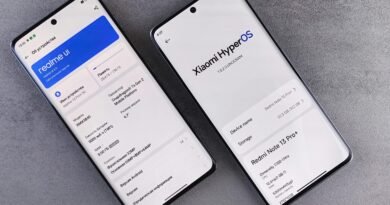 Comparison of two smartphones showing Realme UI and Xiaomi HyperOS interfaces on their screens.
