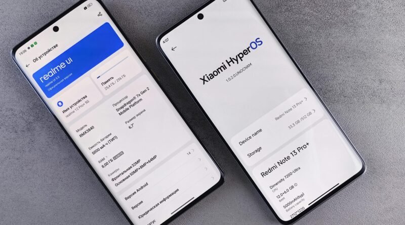 Comparison of two smartphones showing Realme UI and Xiaomi HyperOS interfaces on their screens.